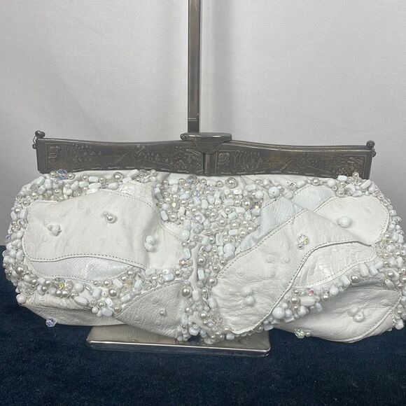 Vintage White Beaded Ostrich Clutch Bag